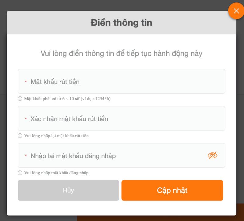 Cập nhật thông tin rút tiền